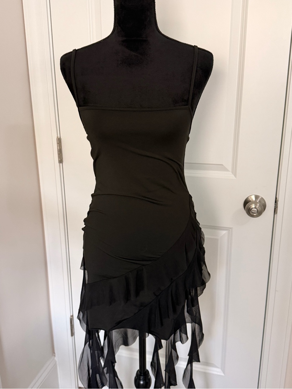 Black Asymmetrical Ruffle Hem Mini Dress